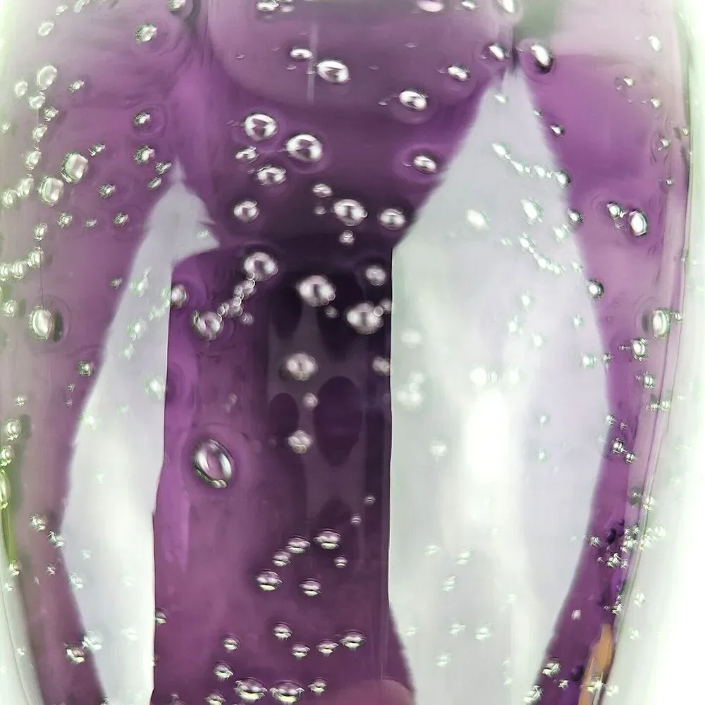 Hand Blown Amethyst Purple Vase Controlled Bubbles Clear Footed Base 8 in Tall